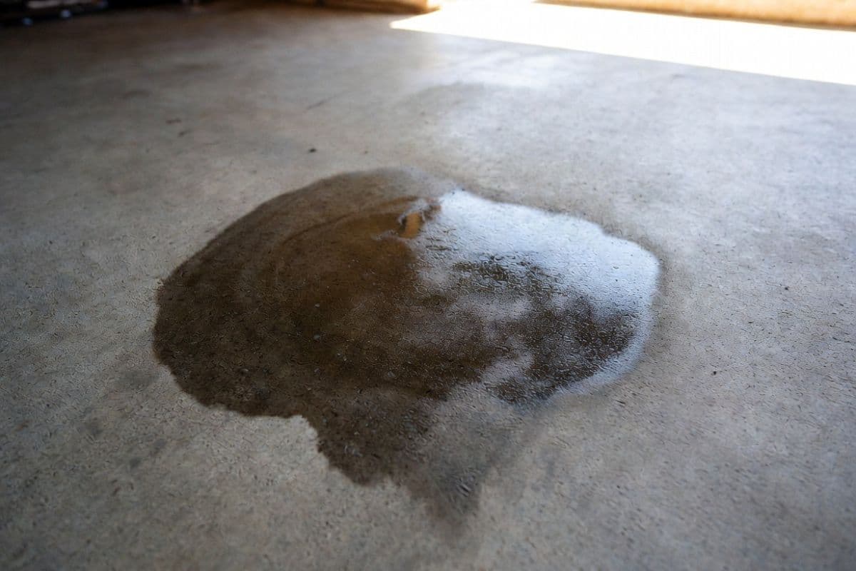 Motor oil stain on a concrete garage floor