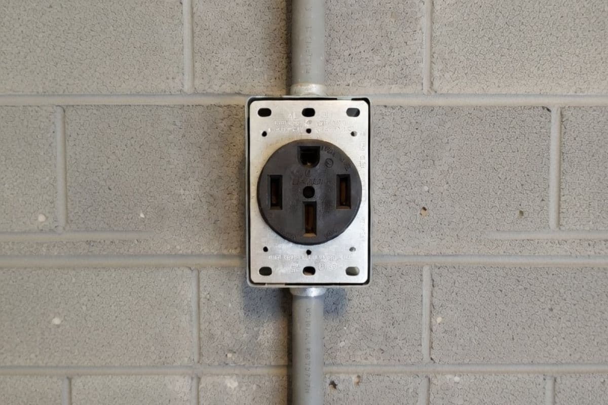 NEMA 14-50 outlet installed on concrete block garage wall with metal conduit