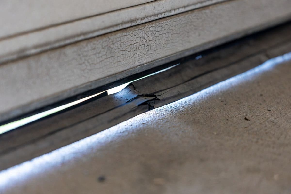 Cracked and failed garage door weather stripping with visible light gap at the floor