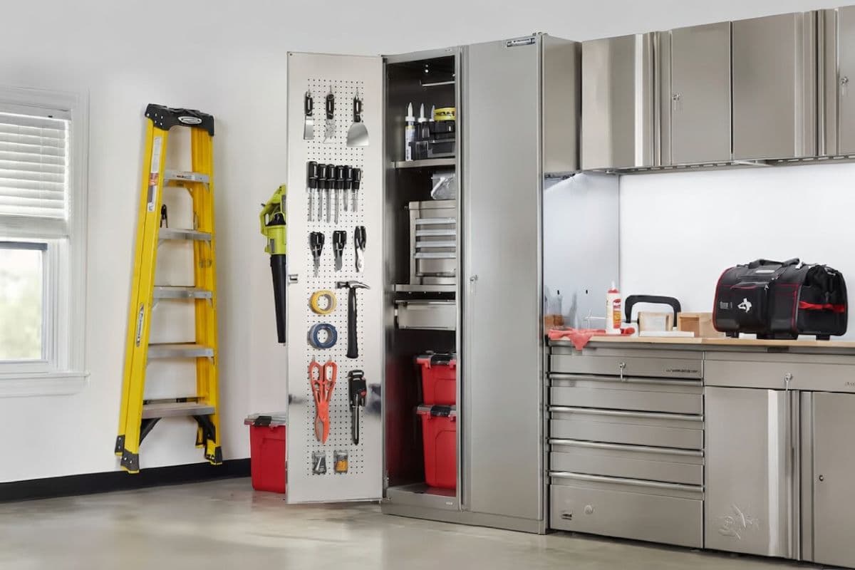 Steel garage cabinet system installed in organized garage