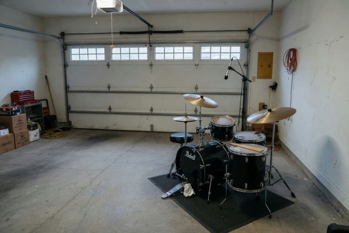 Drum kit set up in a residential garage representing a common home music studio setup that requires soundproofing
