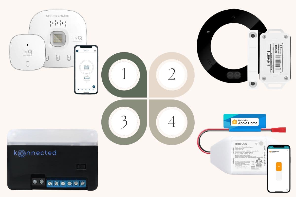 Garage door opener motor unit with smart retrofit hub attached and smartphone showing door status