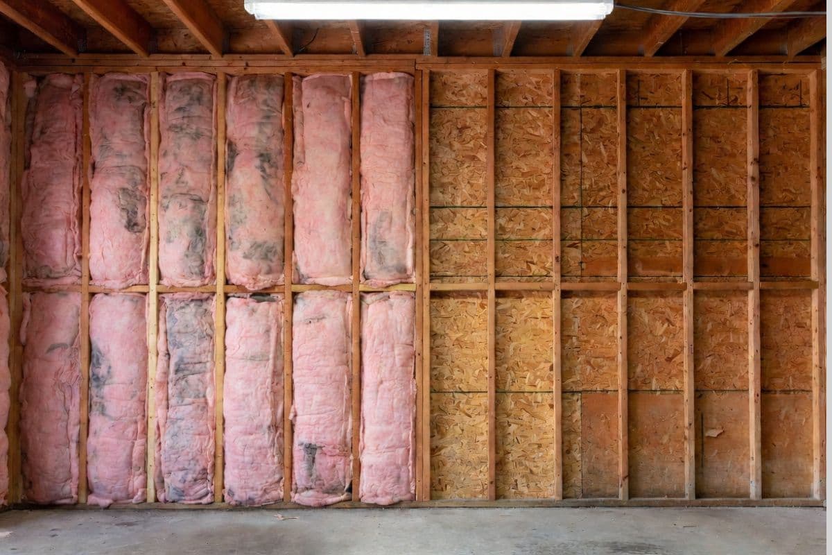 Fiberglass batt insulation installed between wall studs in an unfinished residential garage