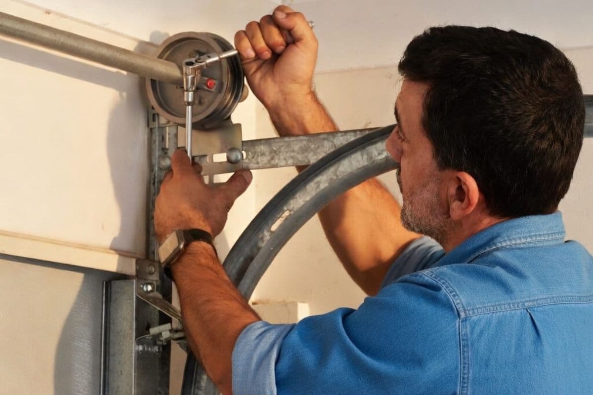 Garage door technician repairing cable drum and torsion shaft on residential garage door