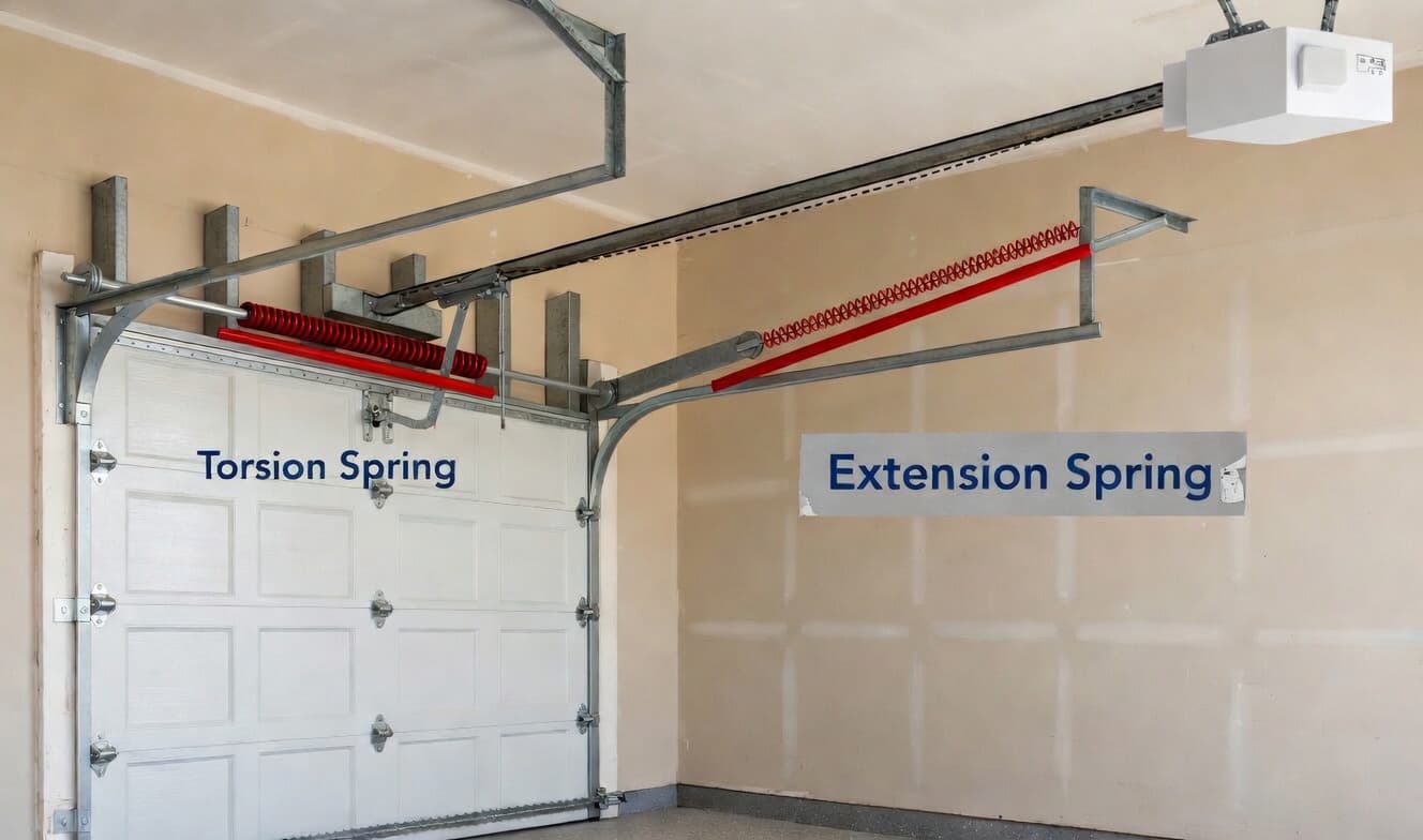 Diagram showing torsion spring mounted above garage door on left and extension spring running along horizontal track on right